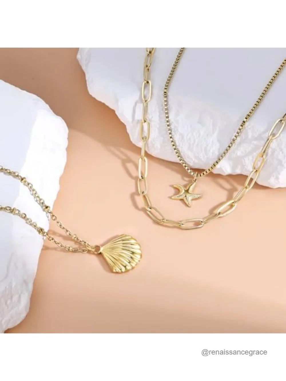 14K Gold Plated Starfish Seashell Layered Necklace Stack for Women